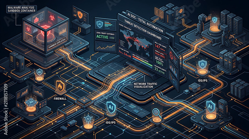 Dark Mode Isometric AI Security Operations Center SOC Autonomous Threat Detection Dashboard Zero Trust