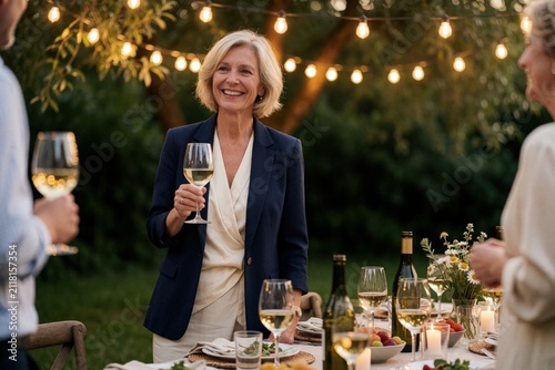 Mature woman smiles holding white wine glass during garden party at dusk. Elegant friends gather for dinner outdoors under glowing string lights. People enjoy social event with drinks, food at nicely