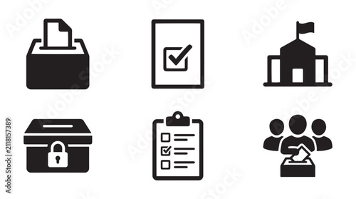 Election voting icon set depicting ballot boxes checklists voter participation secure voting and government buildings in highquality vector illustration format