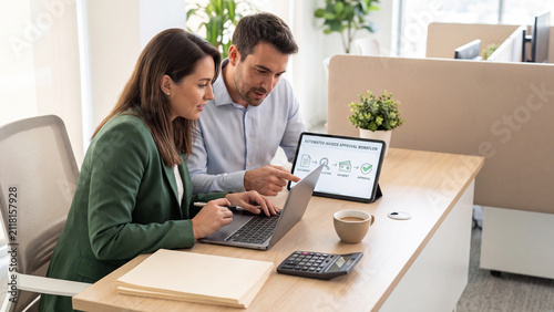 Coworkers discuss a project strategy while looking at a tablet screen and laptop in a contemporary office setting with a coffee cup and documents on a wooden desk surface.