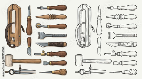 фотографія Collection of leatherworking tools, including awls, knives, hammers, and stitching groovers, presented in both color and sketch