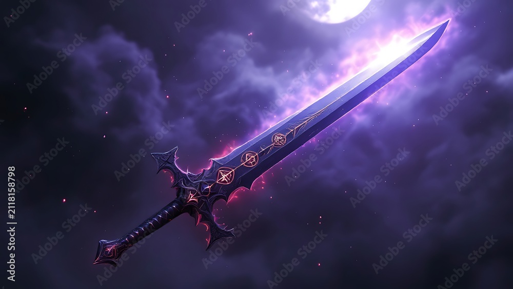 Naklejka premium Magical glowing purple fantasy sword floating in dramatic cloudy dark night sky with bright full moon