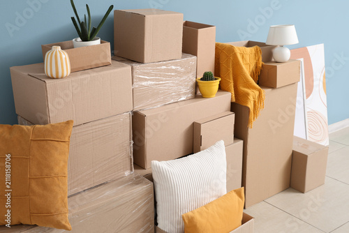 Stacked cardboard boxes and...