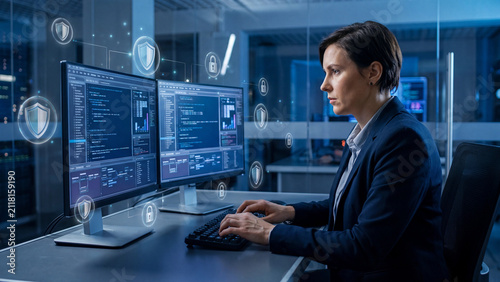 Analyst monitors cybersecurity threats and network defense systems through dual computer monitors while working late in a high-tech corporate office.