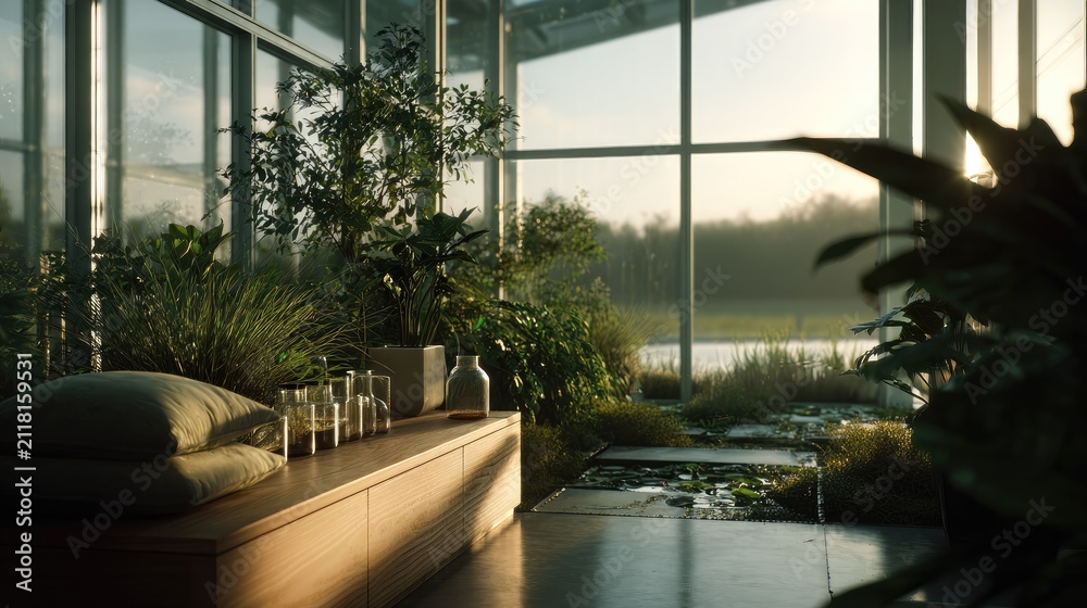 Fototapeta premium Serene Greenhouse Retreat: A tranquil greenhouse sanctuary filled with lush greenery, featuring a comfortable wooden bench with cushions, glass bottles.