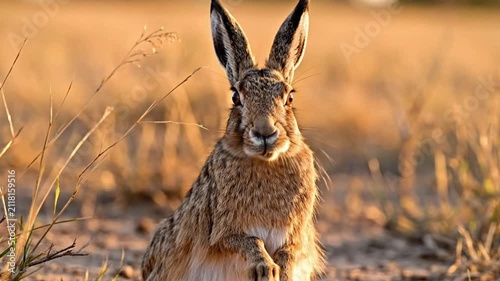 Wild hare sitting alert in golden hour meadow cinematic steady shot for nature documentary marketing