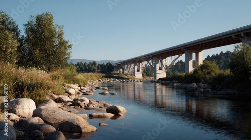 Modern Bridge Over Calm River: An architectural marvel, a contemporary bridge arches gracefully over a serene river, reflecting the clear blue sky and lush green surroundings.