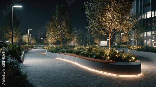 Modern Courtyard at Night: A beautifully lit modern courtyard with sleek benches, trees, and pathways creates an inviting and tranquil ambiance under the night sky.