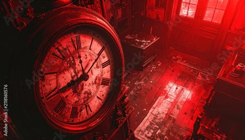 Antique clock in a dark room with red lighting.