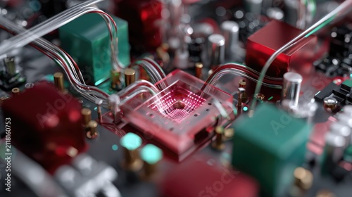 Microchip Technology Close-Up: Intricate detail of a microchip with vibrant red, green, and silver components, connected by fine wires, showcasing advanced electronic engineering.