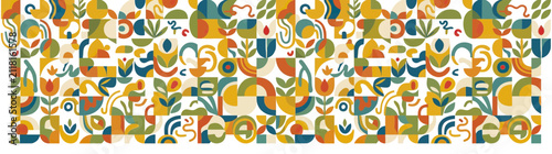 Abstract Geometric Shapes and Botanical Elements Pattern