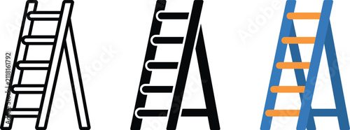Step ladder icon set vector illustration featuring line art silhouette and colorful stepladder designs for construction and repair concepts