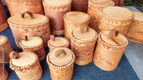 Handcrafted Birch Bark Containers with Leather Handles