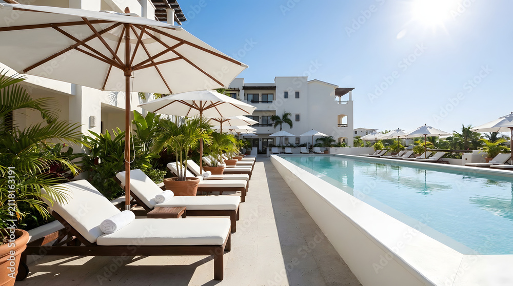 Fototapeta premium Lush tropical resort poolside with lounge chairs with pool area lounge chairs umbrellas sunny pool architecture relaxation