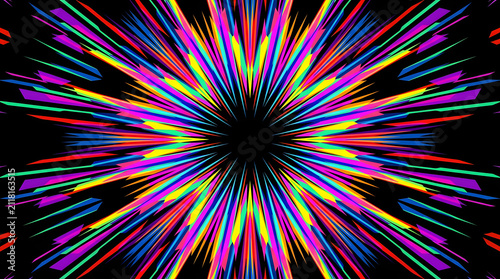 Vibrant multicolored geometric lines radiating outward from center against black background with streaks exploding central