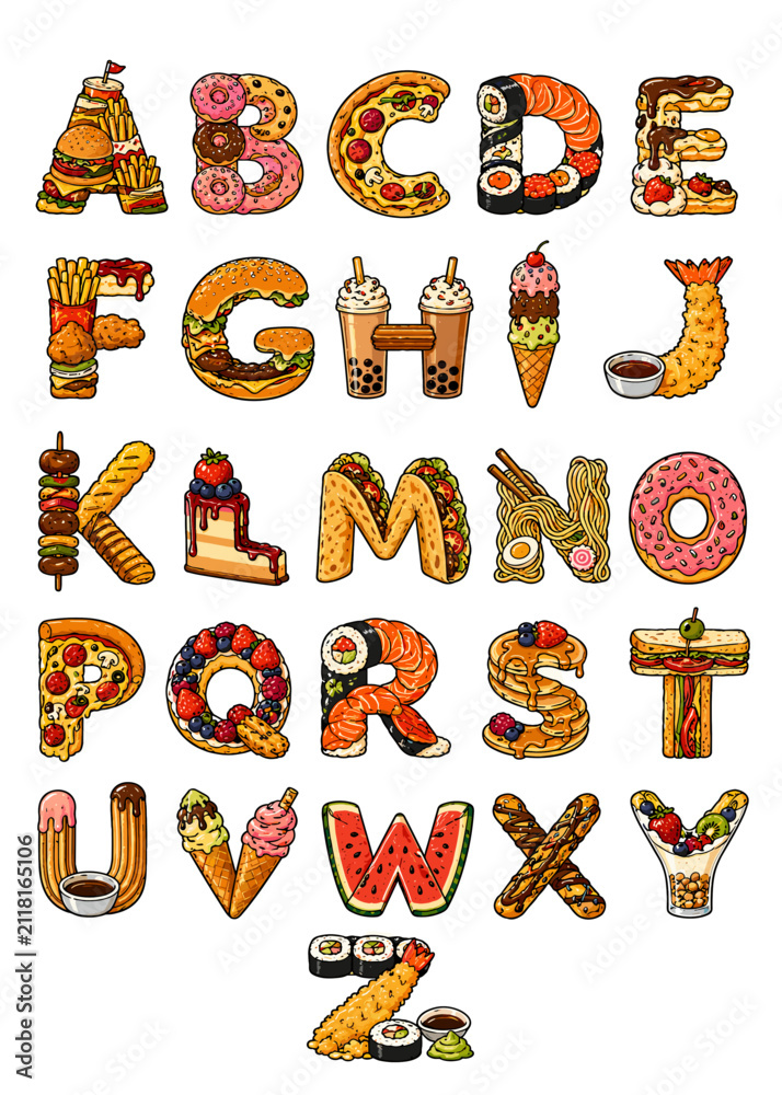 Naklejka premium Alphabet letters made of fast food and sweets vector illustration set with food font, burgers, pizza, sushi, donuts, and dessert elements