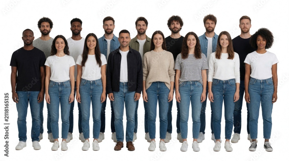 Obraz premium Large group of young diverse men, women stand together. Multiethnic people wear blue denim jeans with casual tops. Full length portrait of international team in row against plain white background.