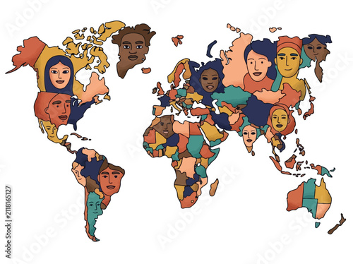 Diverse global community of human faces shaped like world map vector illustration for unity and multiculturalism concept isolated on white