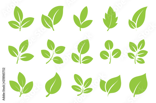 Foto Collection of simplified green leaf icons and various natural plant foliage illu