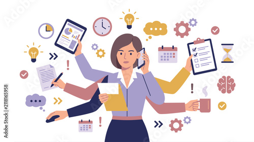 Bild auf Leinwand Multitasking businesswoman juggling tasks and ideas in a busy office environment
