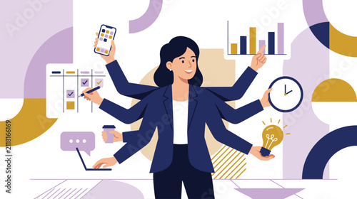 Businesswoman multitasking in a dynamic office setting.
