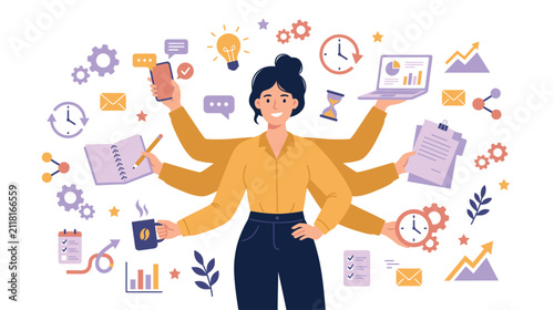 Multitasking Entrepreneur Juggling Digital Tools in a Busy Office.