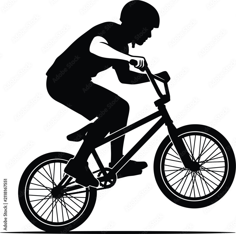 Fototapeta premium BMX rider performing a manual wheelie stunt trick silhouette vector illustration isolated on a white background