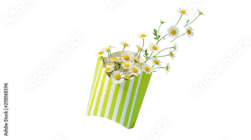 Spring daisies with long green stems in paper bag isolated on png background