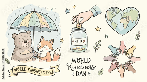 World Kindness Day doodles with animals and helping hands.