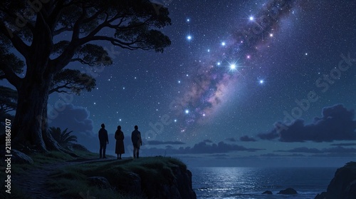 People admire starry night sky above ocean cliff. Silhouettes watch constellations under vast universe. Tree branches frame celestial galaxy view. Peaceful nightscape.