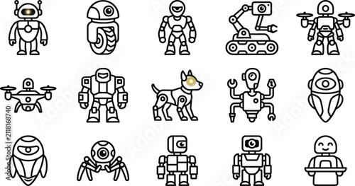 Set of Various Futuristic Robot Character Icons in Line Art Style.