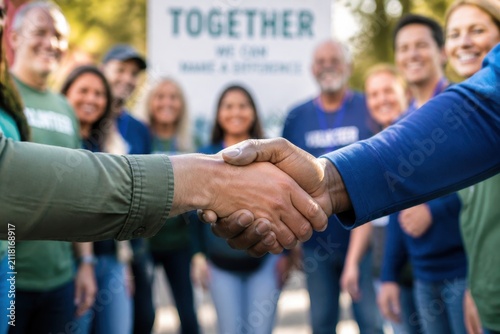 leadership development nonprofits volunteer concept. Two people shaking hands in front of a diverse group with a 