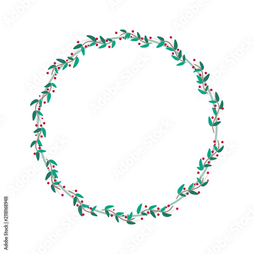 Green Circle Border Frame With Floral Plant Leaves And Red Cherry Berries