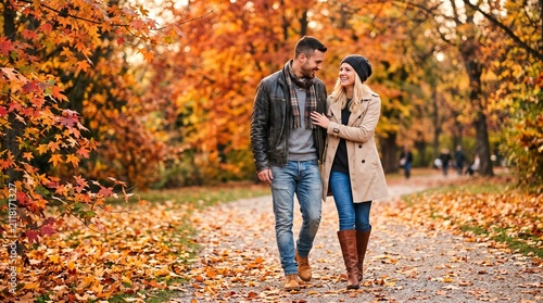 Commercial autumn lifestyle photography of a romantic young couple embracing and walking through a park surrounded by vibrant red and golden fall foliage – autumn fashion advertising, travel campaign,