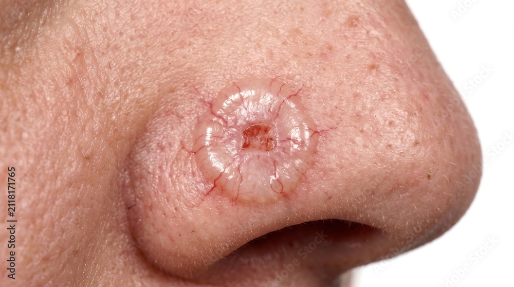 Fototapeta premium Macro Close Up of Basal Cell Carcinoma Ulcerated Lesion on Human Nose Wing