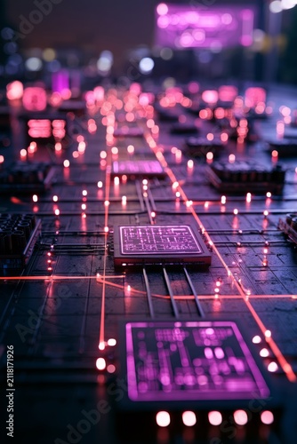 Artificial intelligence and machine learning futuristic circuit board with glowing data lines and microchips digital technology