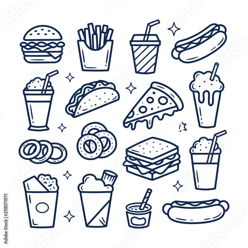 Fast food icons featuring burgers fries tacos hotdogs sandwiches shakes pizza onionrings popcorn and drinks all outlined in blue ink