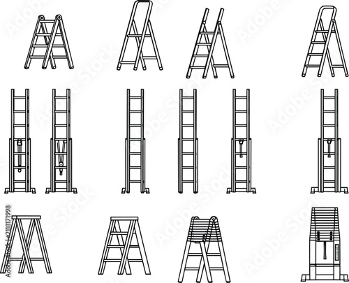Collection of various ladder types outline icons for construction and home repair projects