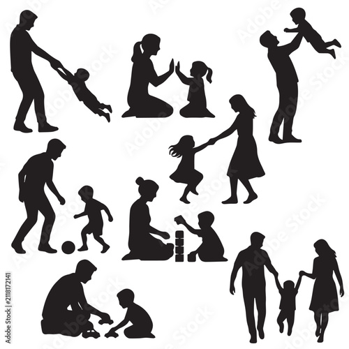 parents and kids playing activities vector silhouette