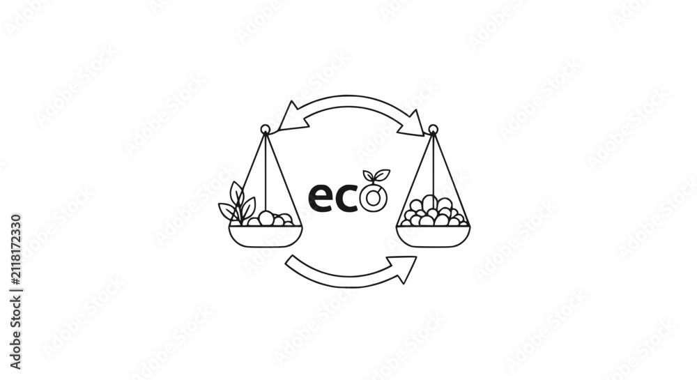 Obraz premium Eco balance scale with plants and fruits, arrows indicating cycle, concept of sustainability
