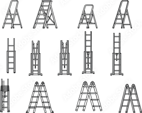 Collection of various stepladder and extension ladder outline icons for construction