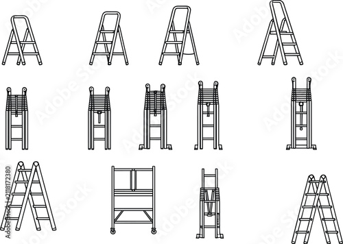 Collection of various stepladders and scaffolding outline icons for home repair