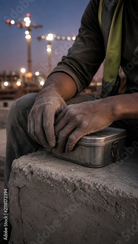 Construction worker hands resting on lunch box on site vertical photo