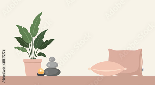 Canvas Print A minimalist vector illustration of a peaceful zen space featuring a lush potted plant, balanced stones, a lit candle, and soft pink pillows