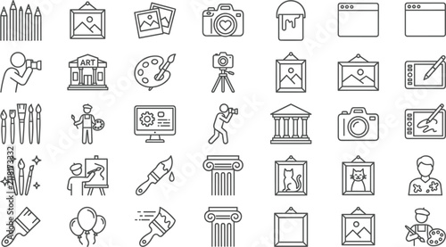 Fine art and photography studio linear icons collection featuring painting tools gallery exhibits and creative artist vector symbols