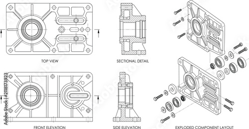 Technical Engineering Drawing of Mechanical Gearbox Assembly with Exploded View