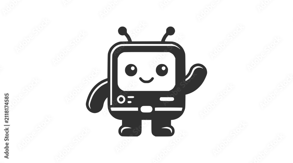 Naklejka premium Cute retro robot waving hello, vintage computer character, vector illustration