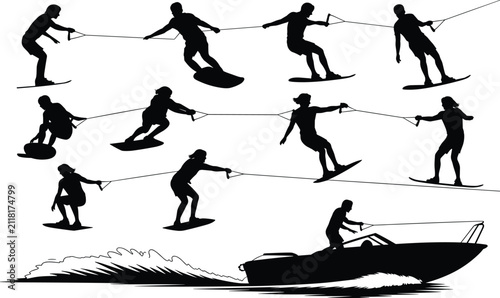 Cuadro en lienzo Collection of dynamic water sports silhouettes featuring active individuals enjo
