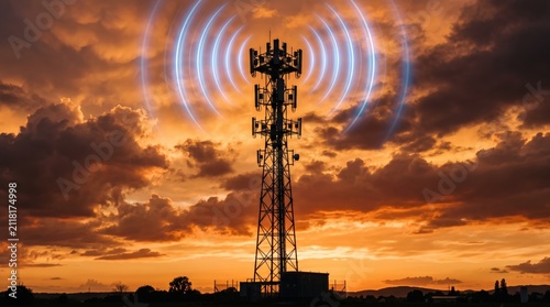 Telecommunication tower silhouette with radio waves signal transmission at sunset, mobile network antenna infrastructure for 5G connectivity, wireless communication technology
