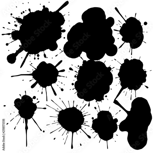 Фотография Ink splatters set with dynamic 3x3 grid of abstract black shapes on white backgr
